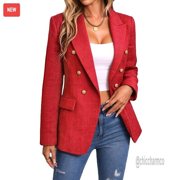Jackets & Blazers - Women's Tweed Plaid Blazer Jacket Fully Lined Business Casual Work Coat